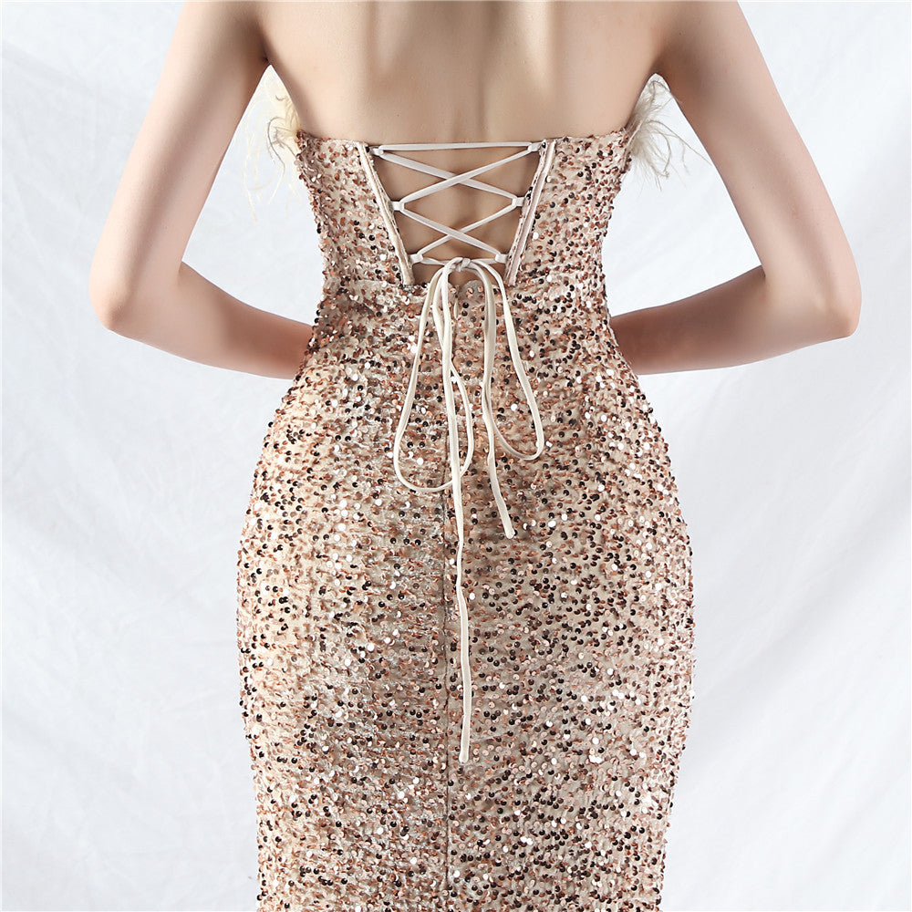 Women palace fishbone vest-ordered ostrich plush bottom sequined evening dress 24