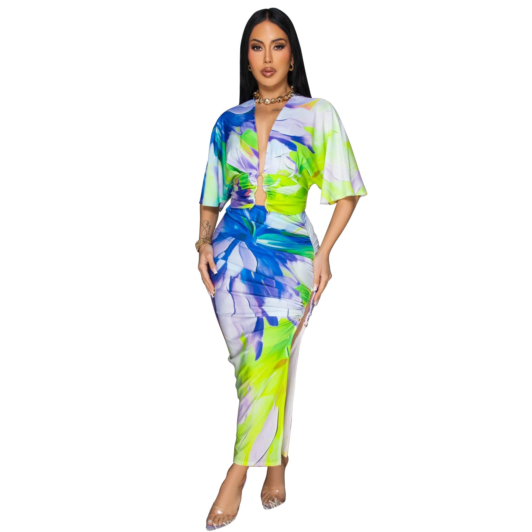 Summer Sexy Printed V Neck Top Side Slit Long Skirt Two Piece Set 47