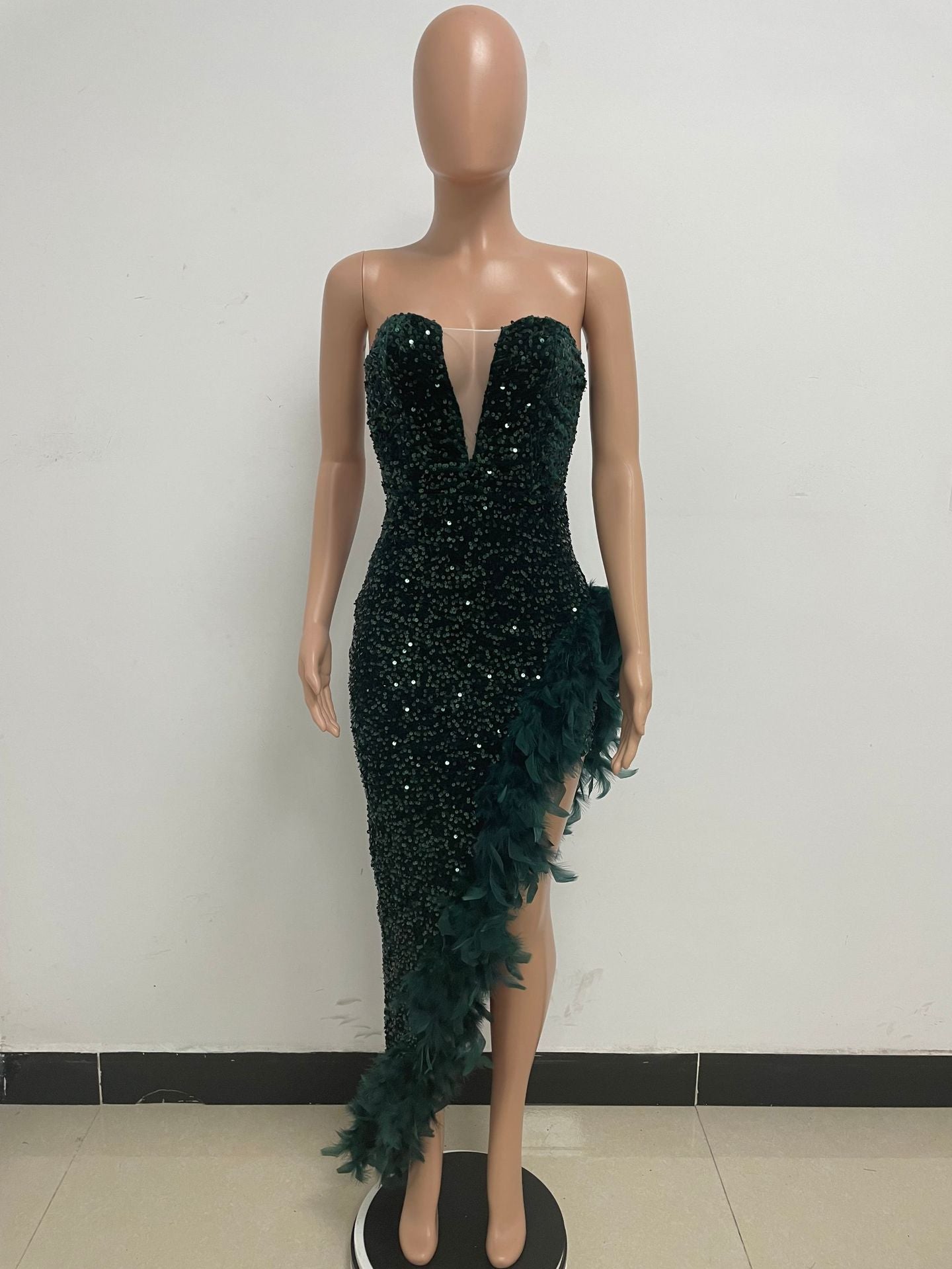Women Sexy Off Shoulder Backless Sequin Feather Dress 33