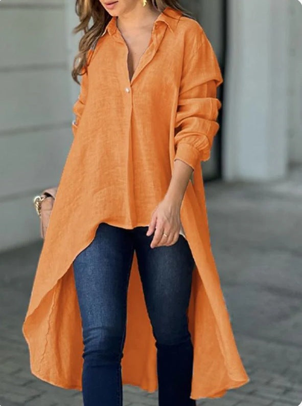 Women Fall Long-sleeved Solid Turndown Collar Shirt 13