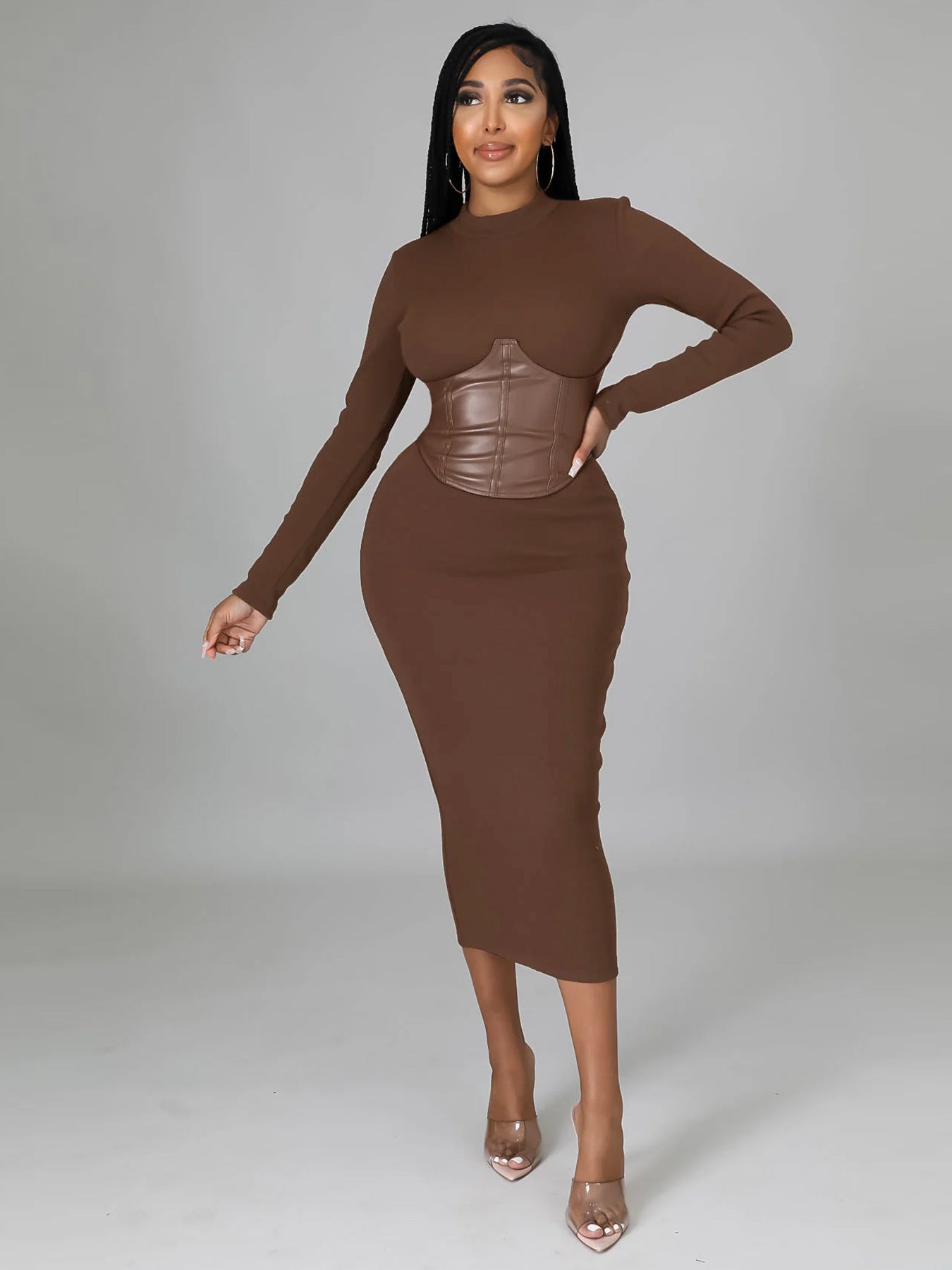 Women Round Neck Long Sleeve Patchwork Bodycon Dress 6