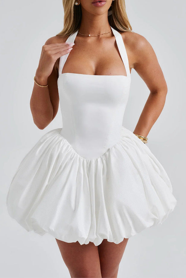 Women Summer Halter Neck Tie-Drawn Bow Puffy Dress 14
