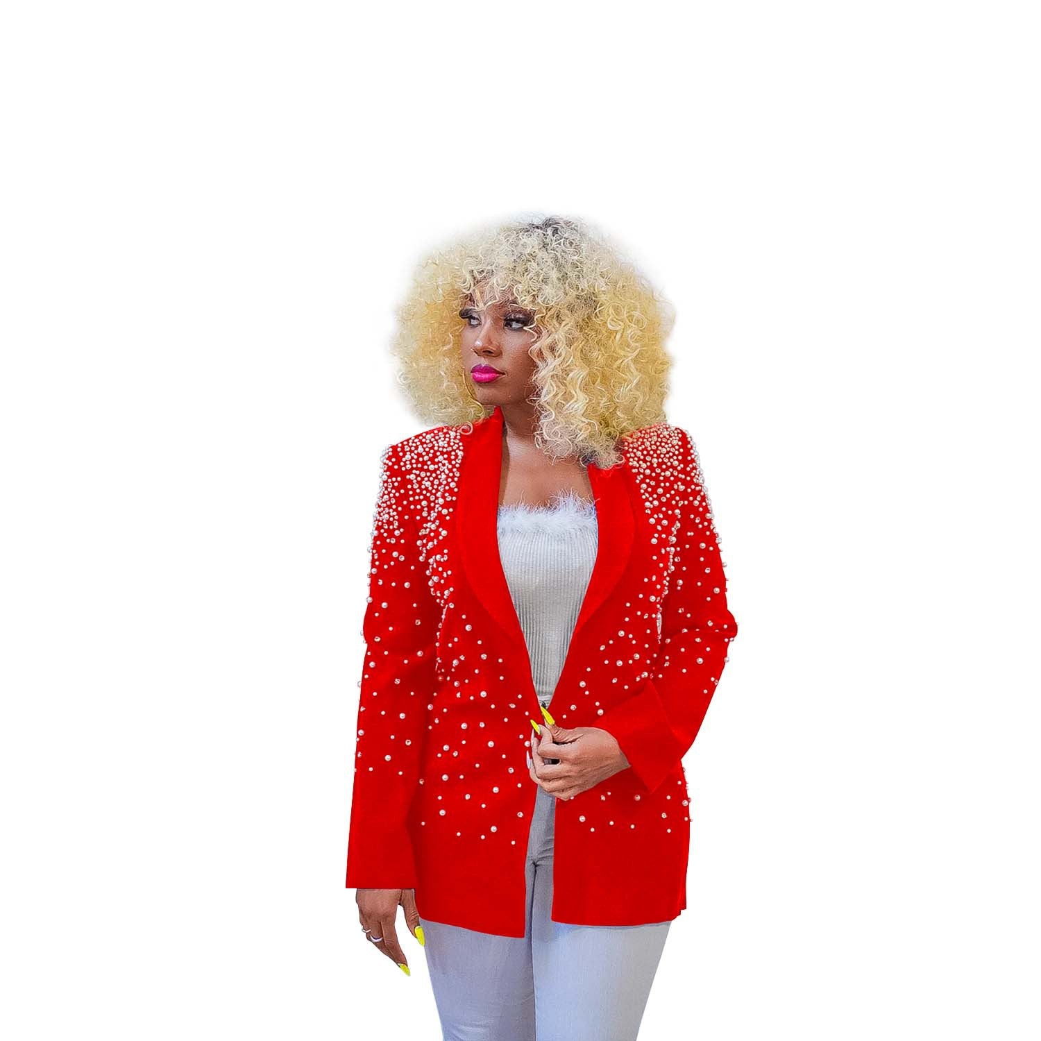 Women's Fashion Solid Color Beaded Turndown Collar Long Sleeve Blazer 13