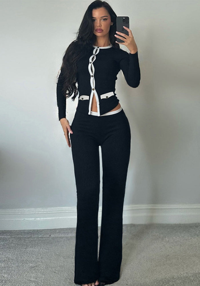 Women's Autumn Style Round Neck Button Contrast Color Long Sleeve Top & High-Waist Slim Fit Pants Set