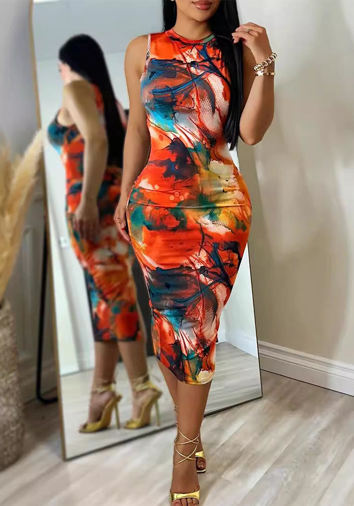 Graffiti Sexy High-Slit Round Neck Sleeveless Dress