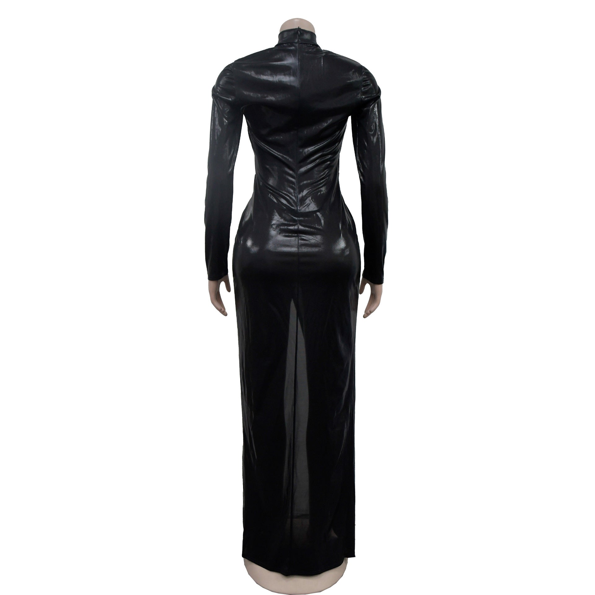 Women Solid Shiny Long Sleeve Pleated Maxi Dress 17