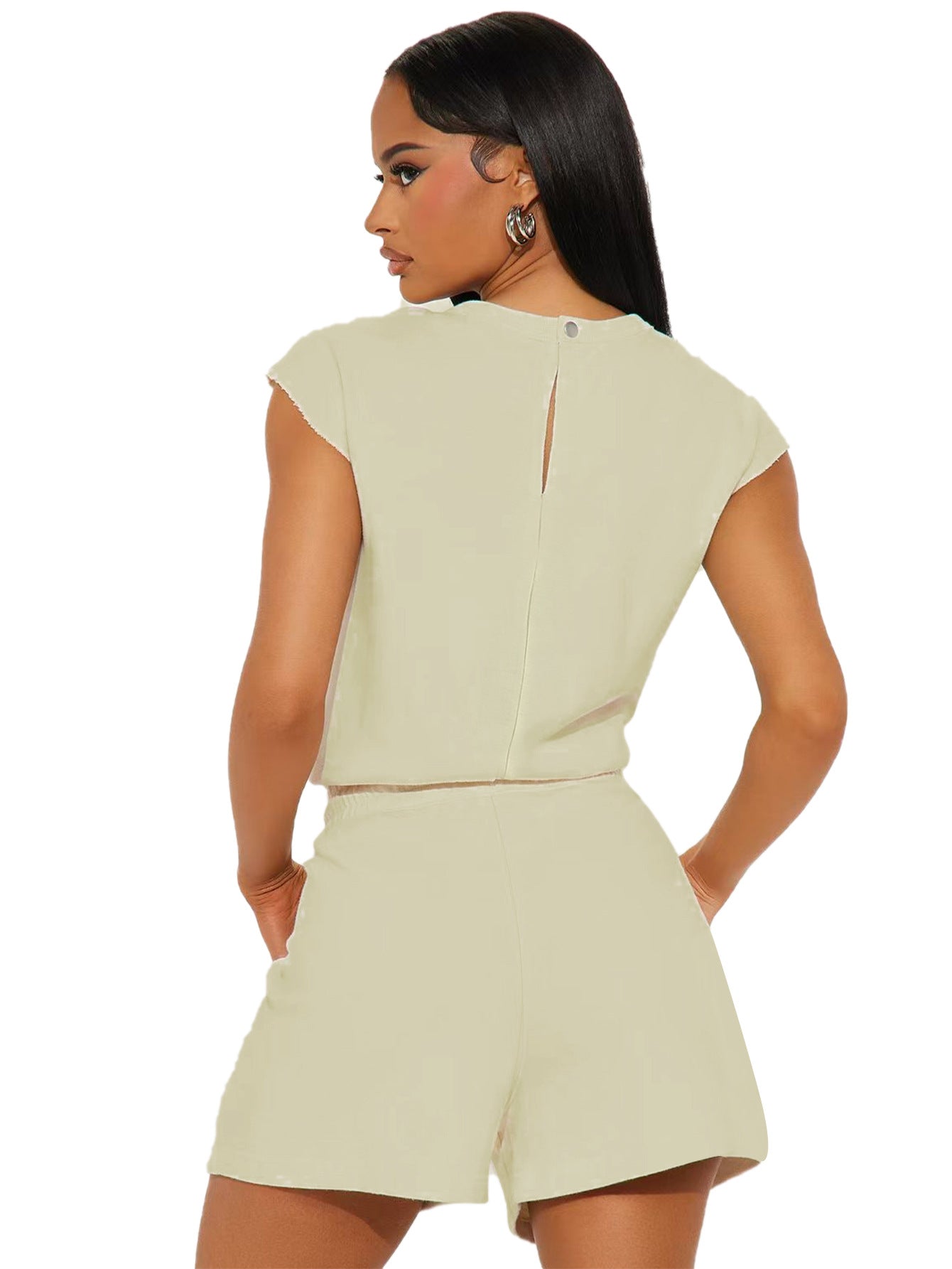 Women's Casual Solid Color Sleeveless Top Drawstring Pocket Shorts Two-Piece Set 4