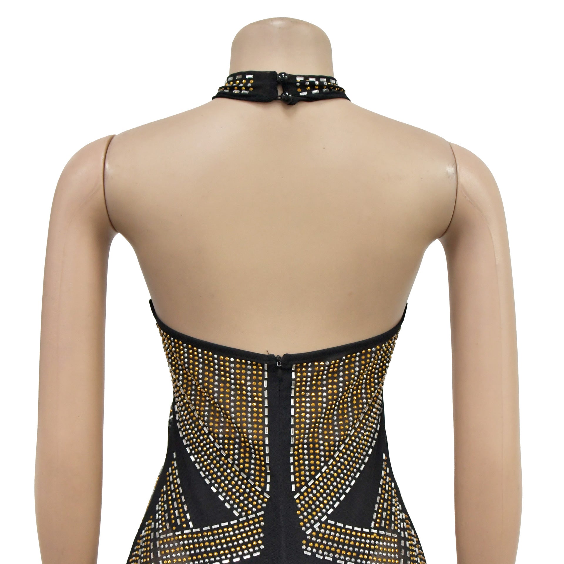 Women Solid mesh Beaded Halter Neck Long Dress 10