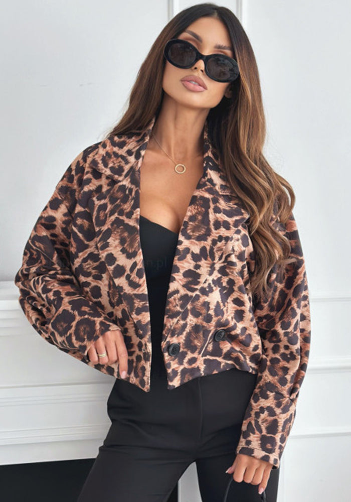 Women Long Sleeve Crop Leopard Blazer Jacket