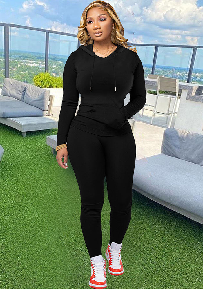 Women Casual Sports Long Sleeve Hooded Top and Pants Solid Two-Piece Set