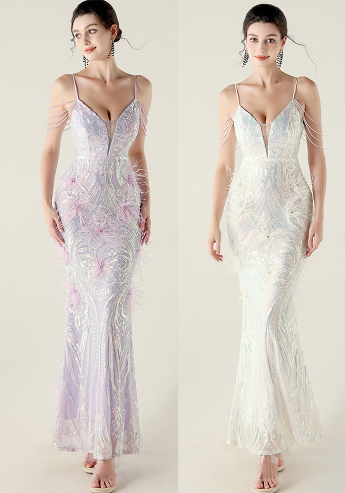 Women Beaded Feather Decoration Beaded Fishtail Evening Dress