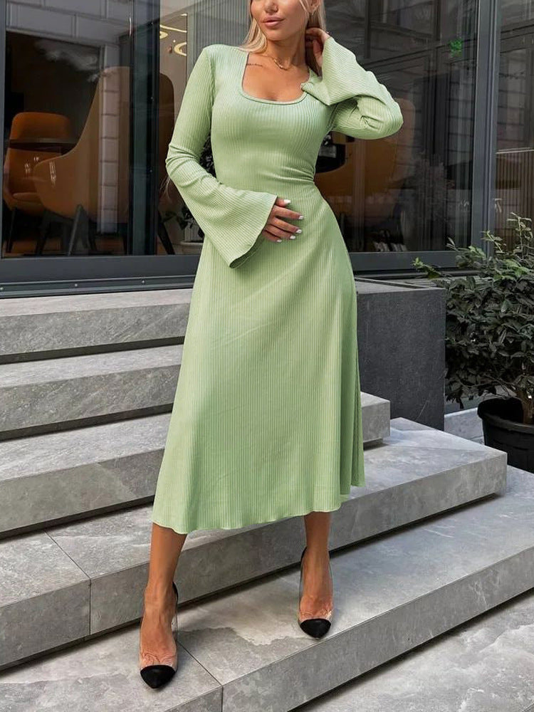 Plus Size Women Belt Bottom Long Sleeve Ribbed Dress 11