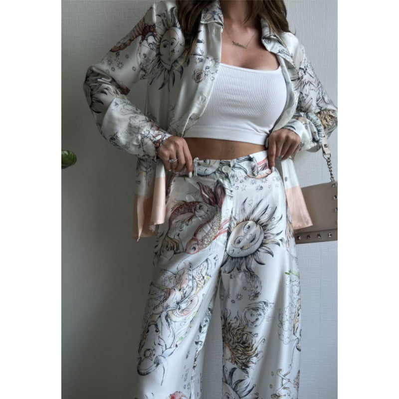 Women Spring/Summer Print Long Sleeve Top and Wide Leg Pants Two-piece Set 4