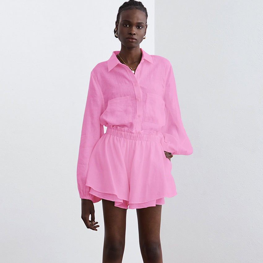 Women casual long-sleeved top and ruffled shorts Two Piece Set 11