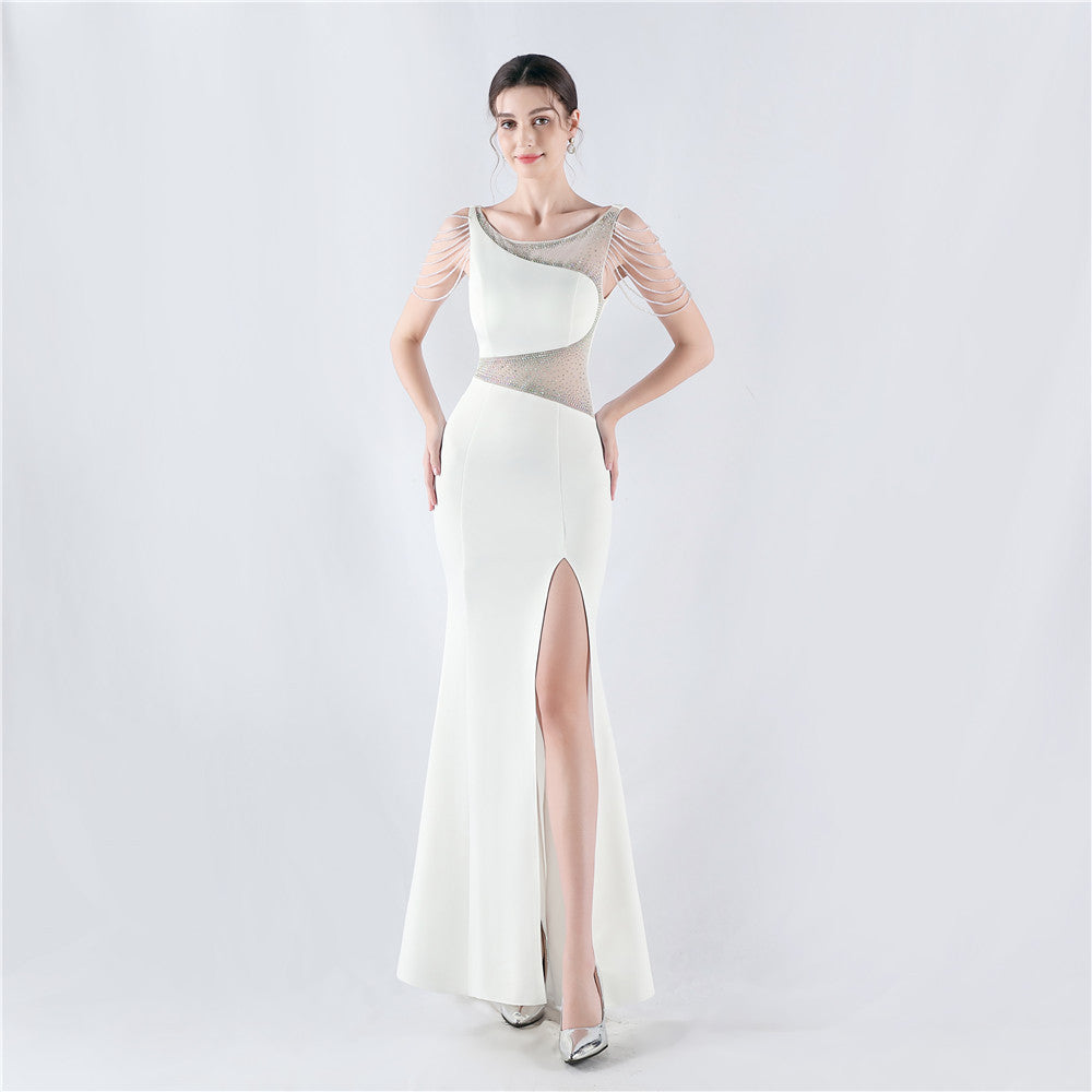 Women Beaded See-Through Mesh Split Evening Dress 11