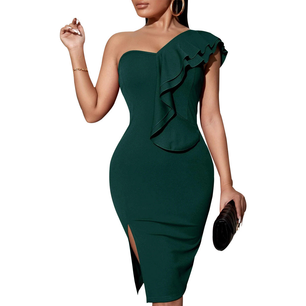 Women Sexy Solid One Shoulder Ruffle Dress 17