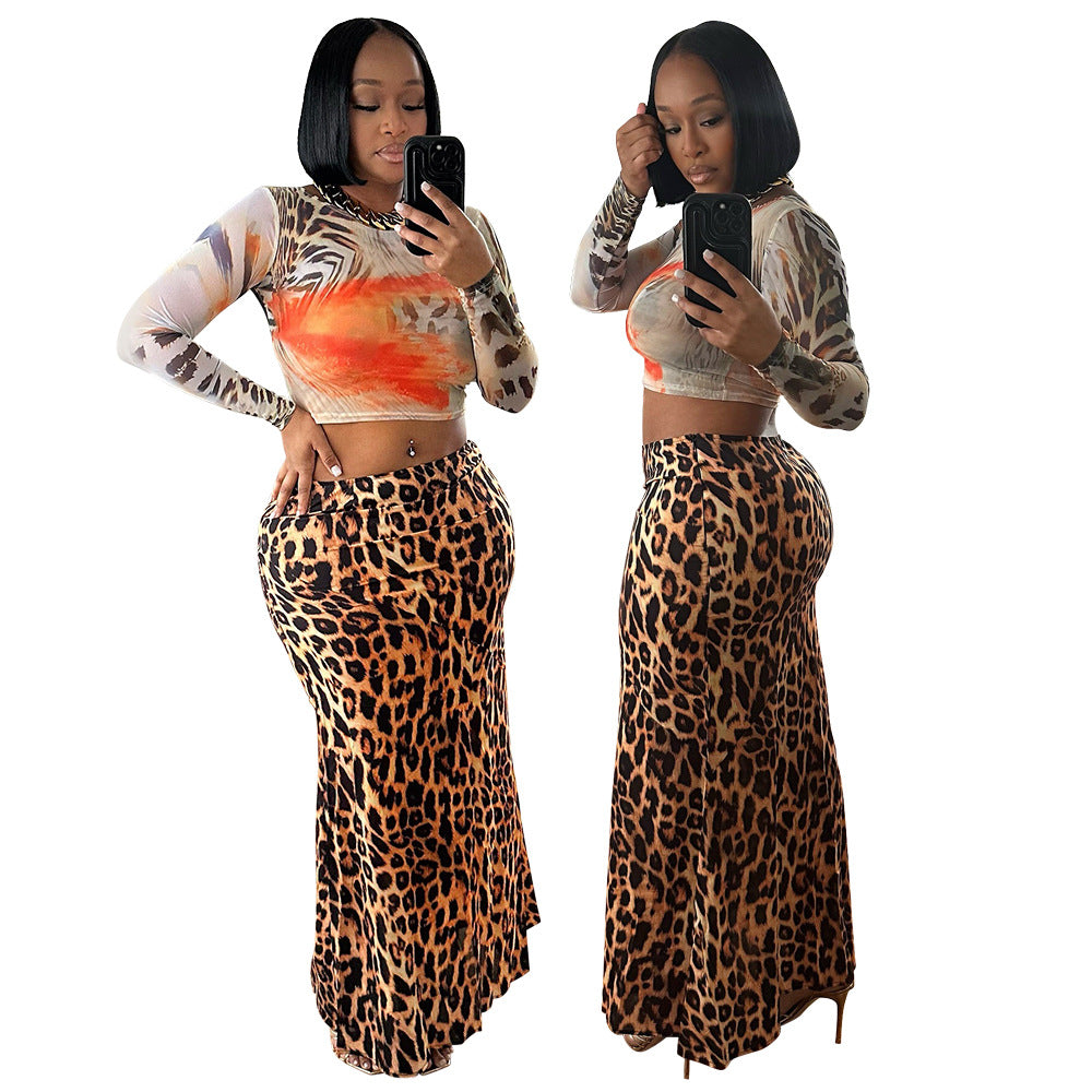 Fashion long sleeve Round Neck top slim skirt two-piece set for women 6