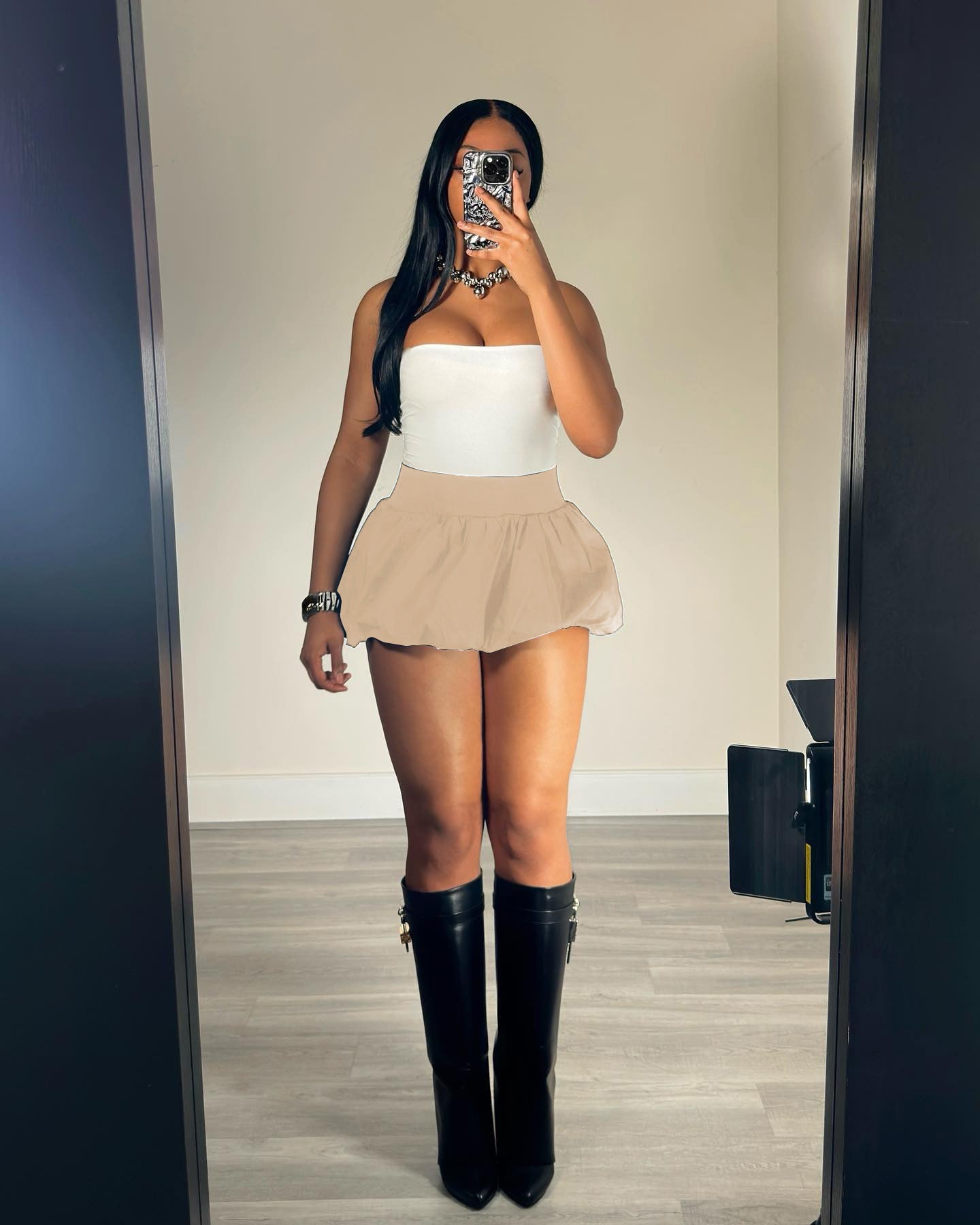 Women Solid Stretch Pleated Skirt Bubble Skirt 4