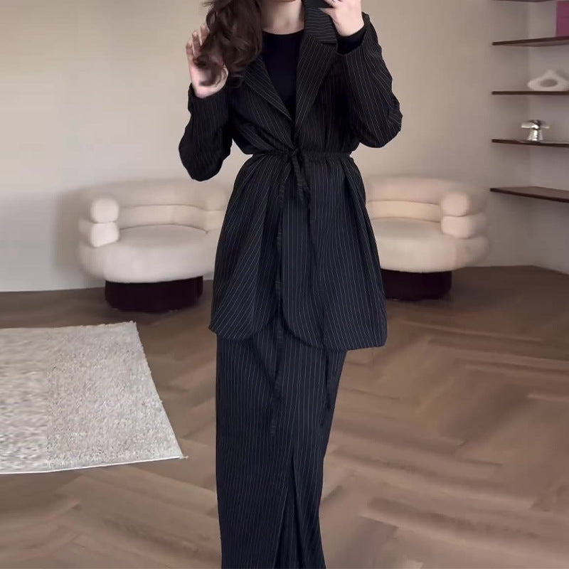 Women Fall Solid Lace-Up Blazer and Skirt Two-Piece Set 5