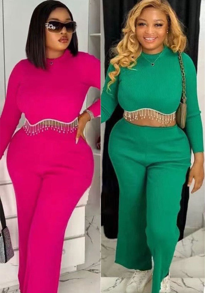 Women Patchwork Chain Round Neck Long Sleeve Top and Pants Two Piece