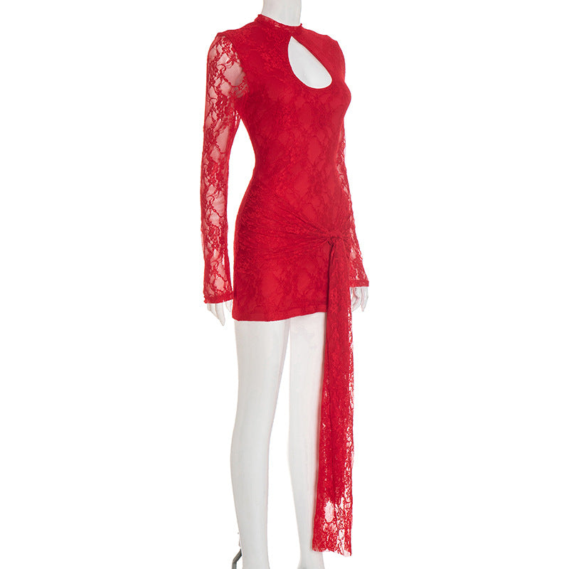 Autumn Women's Solid Color Lace-Up Sexy Lace Long Sleeve Ribbon Short Dress 12