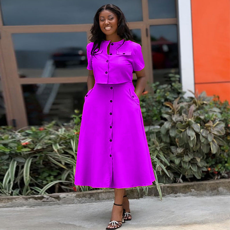 Women Summer Chic Round Neck Short Sleeve Top and Button Skirt Two-piece Set 3