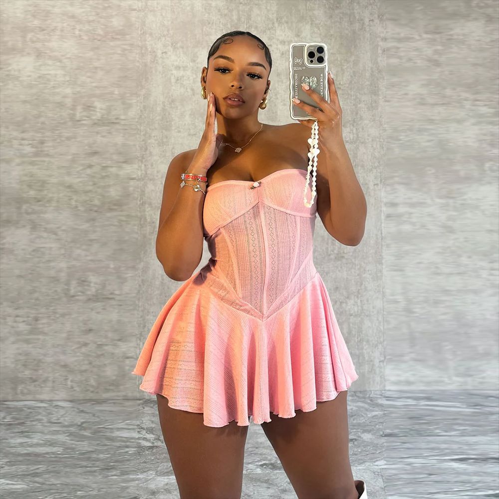 Women Elastic Wrap Backless Off Shoulder pleated skirt