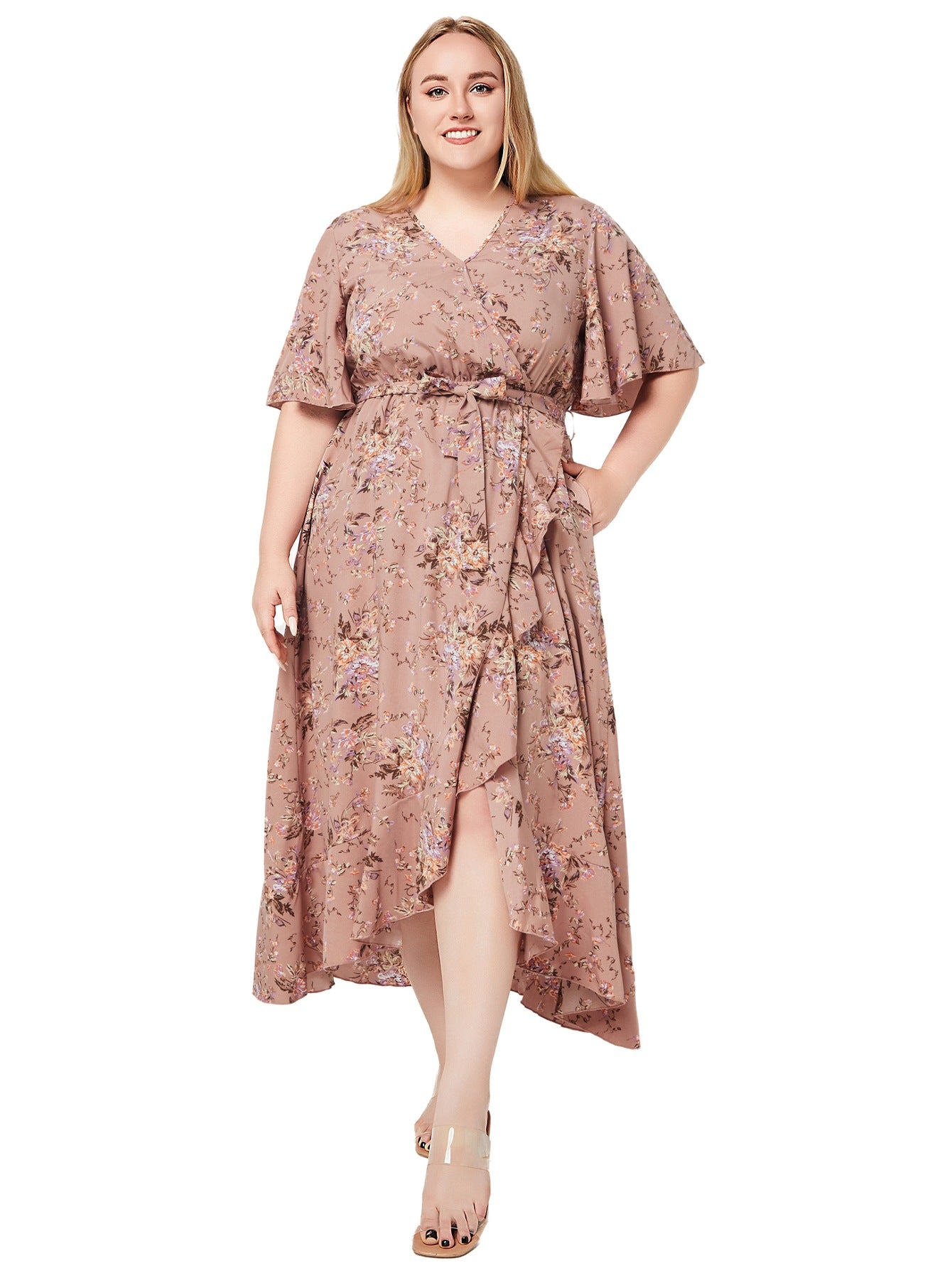 Plus Size Women Summer V Neck Short Sleeve Ruffle Print Pocket Dress 6