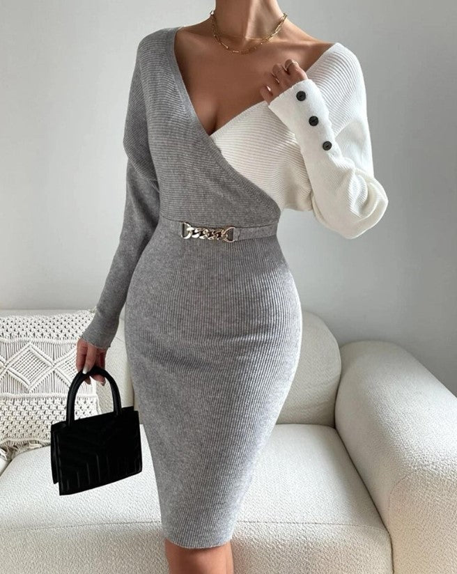 Women Autumn and Winter V-Neck Contrast Color Sexy Bodycon Knitting Dress 5