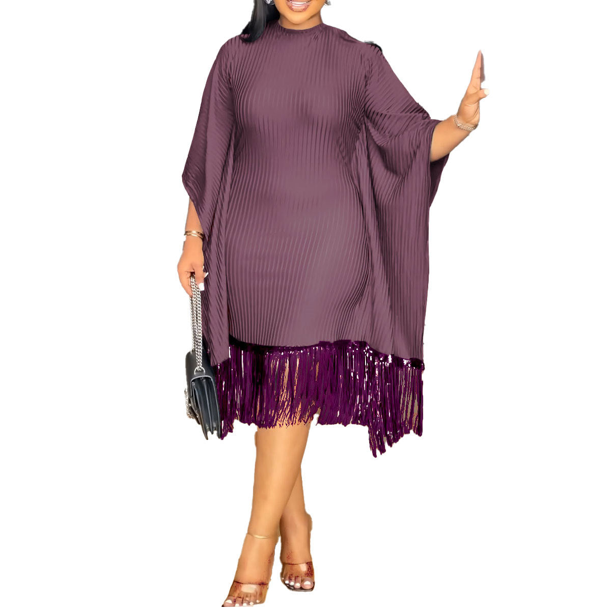 Sequin Tassel Bat Sleeves Elastic Bodycon Dress 15