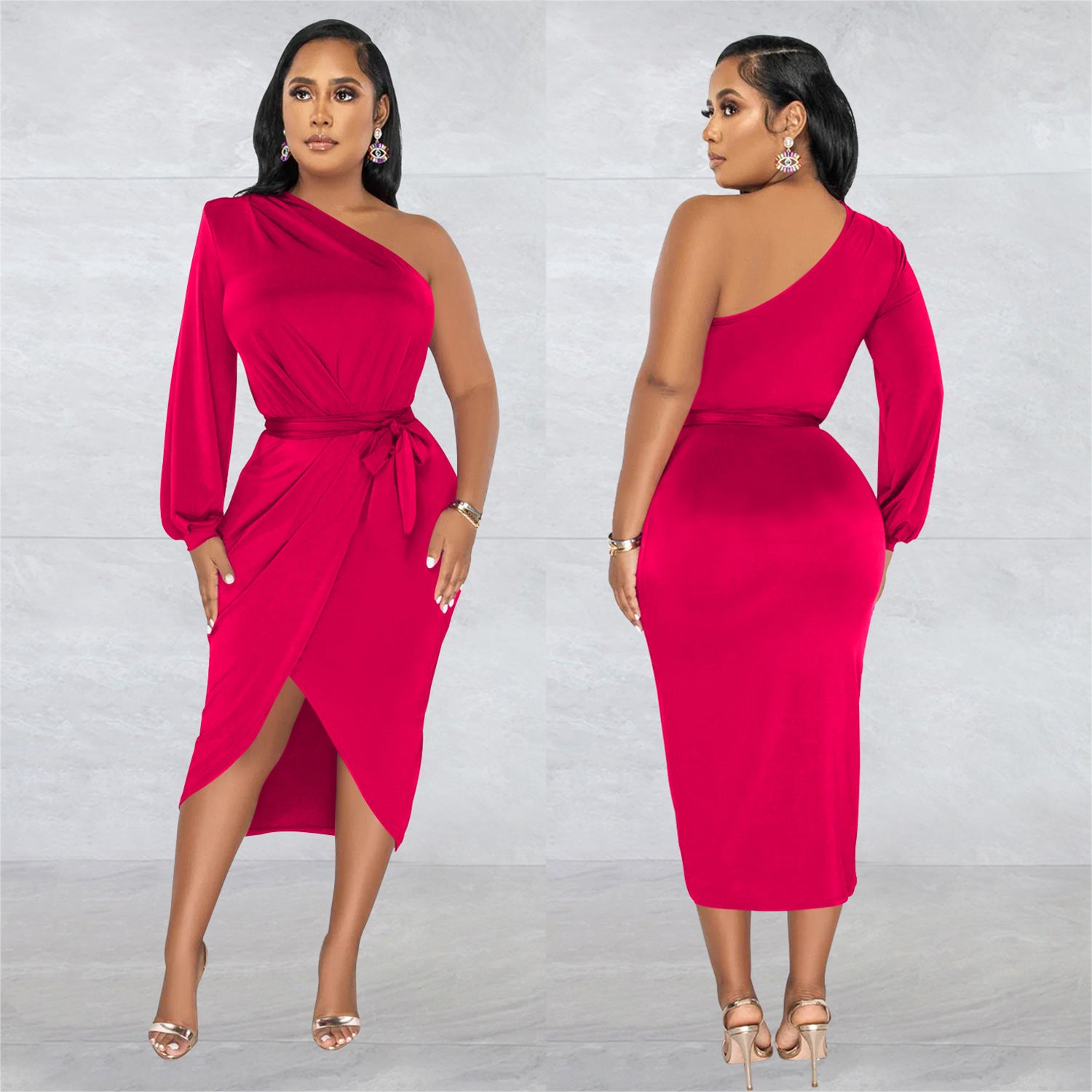 Women's Fashion Solid Color Single Long Sleeve Slash Shoulder Maxi Dress 10