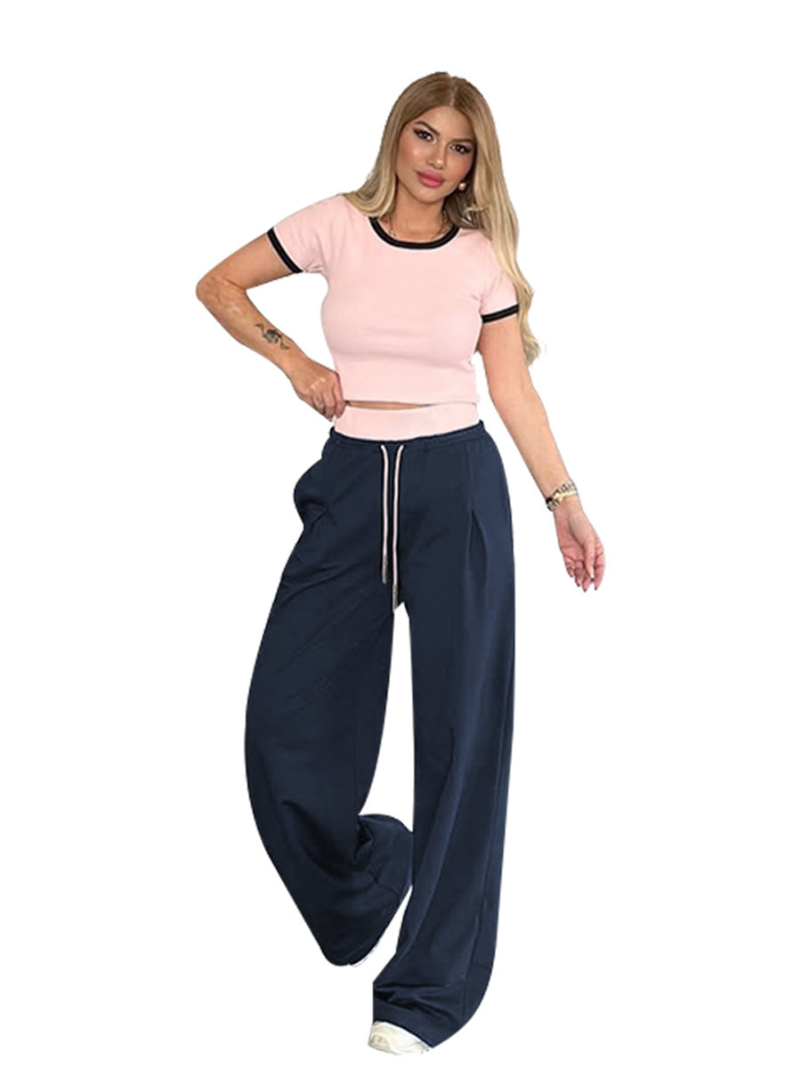 Women's Summer Color-Blocked Round Neck Short Sleeve Casual Pants Set 7