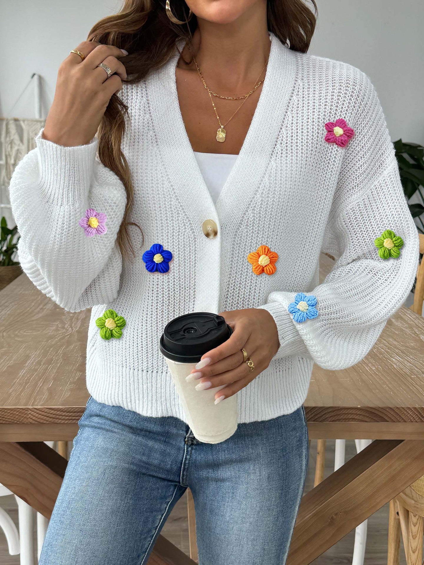 Women's Autumn Winter Flower Patchwork Button Coat Sweater Cardigan 4