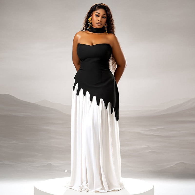 Women contrast color Patchwork Strapless asymmetric dress 5