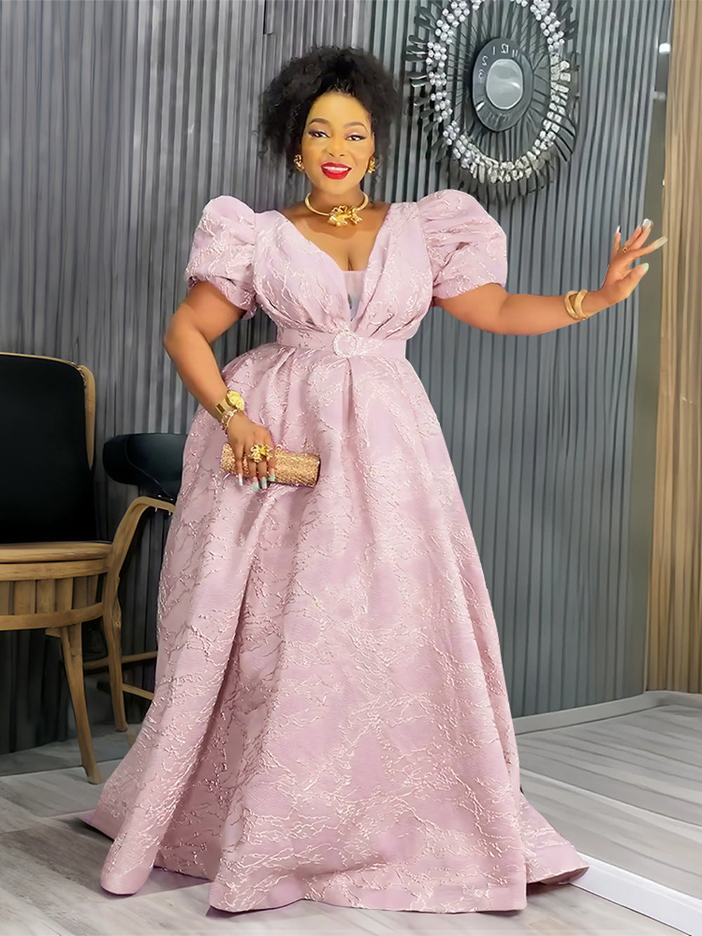 Chic Plus Size Dress Women Africa Mesh V-Neck Party Gown with Belt 6