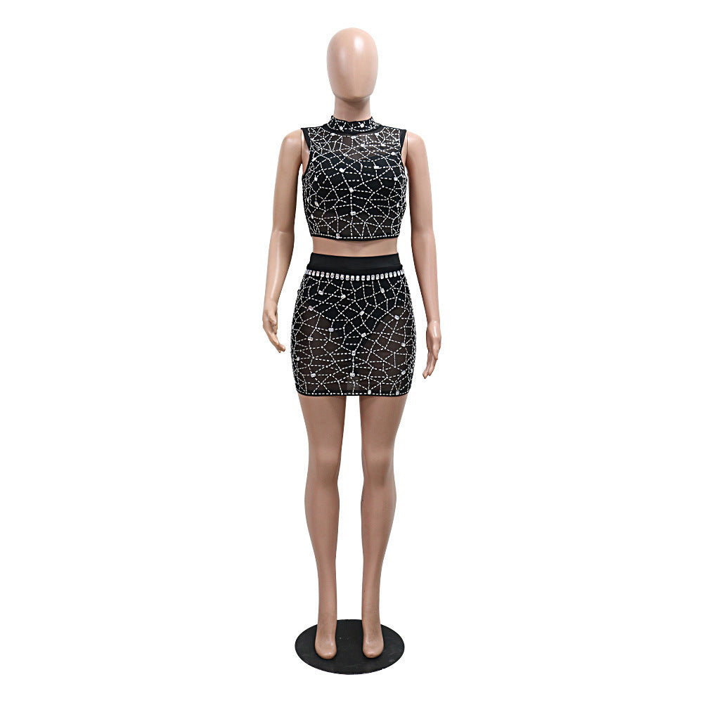 Women Beaded Mesh Sleeveless Round Neck Top and Bodycon Mini Skirt with Panties Two-piece Set 12