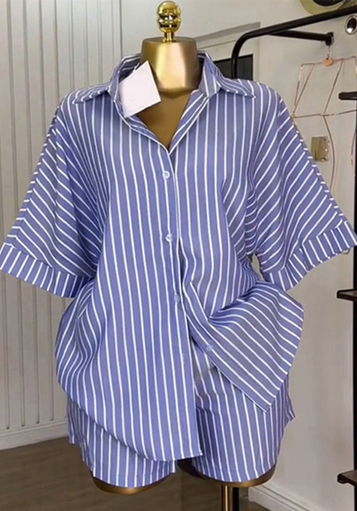 Women Summer Blue and White Striped Shirt Wide Leg Shorts Two Piece Set