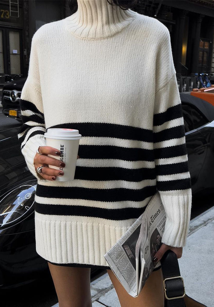 Women autumn and winter black and white striped high collar knitting sweater