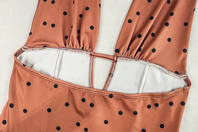 Print Polka Dot Women's Slim Waist Sexy A-Line Pleated Deep V-Neck Sleeveless Short Dress 14