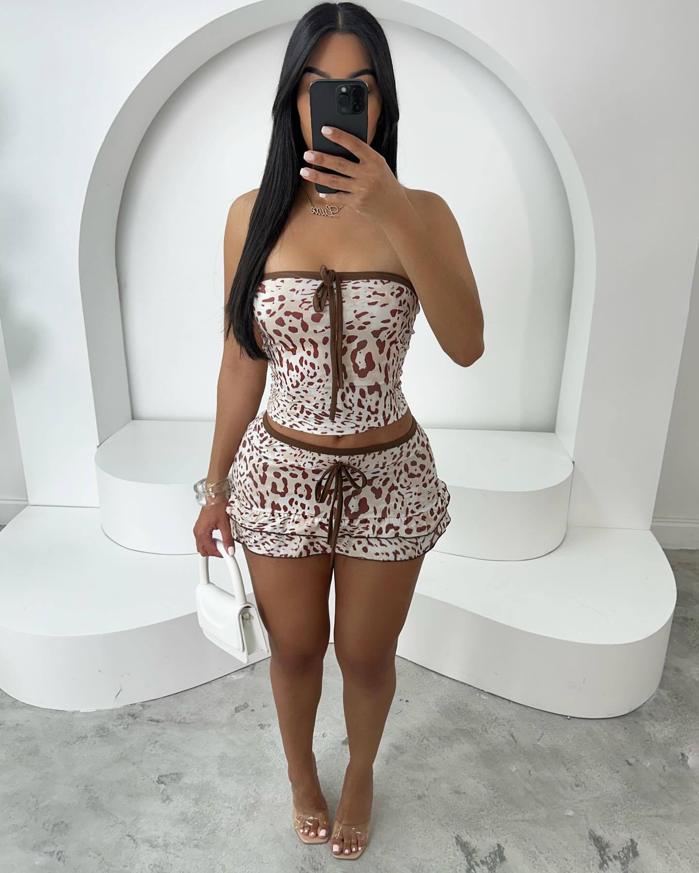 Women Leopard Print Contrast Lace Strapless Top+Mini Skirt Two Piece Set