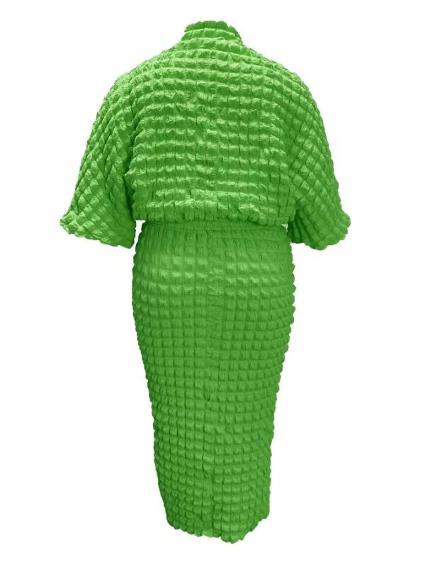 Plus Size Solid Color Bubble Bat Sleeves Top and Skirt Two-Piece Set 13