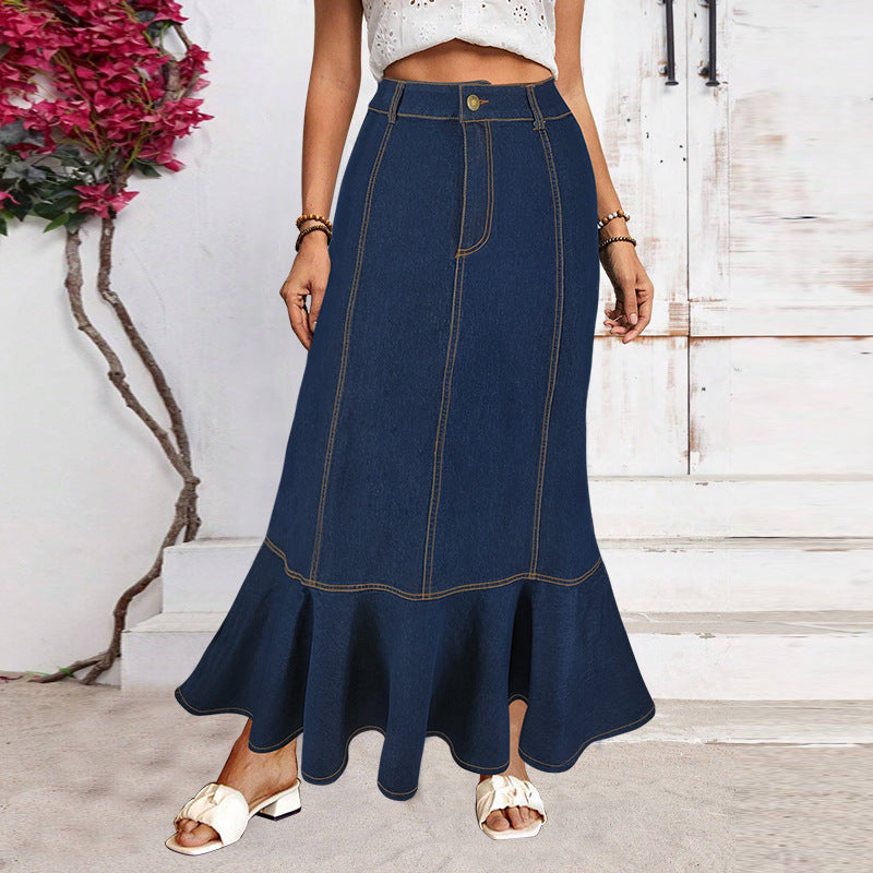 Women Button Elegant Fishtail Denim Skirt 4
