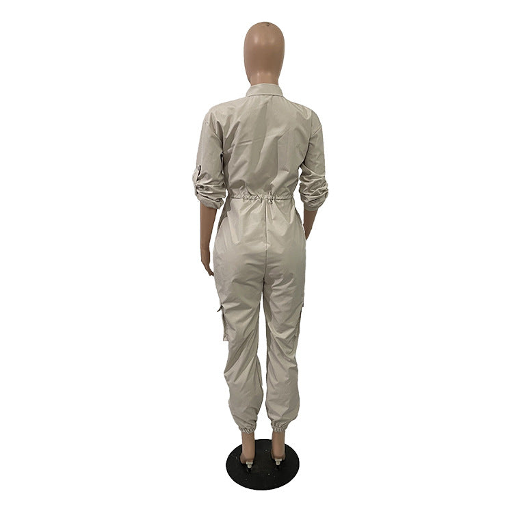 Women Fall Long Sleeve Zip Cargos Jumpsuit 12