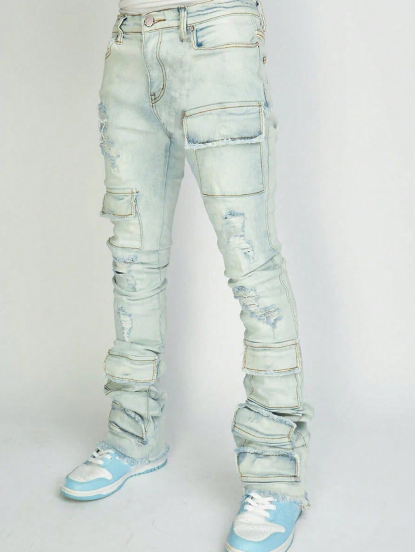 Men's Ripped Denim Cargo Straight Pants 10
