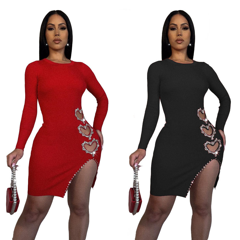 Sexy Solid Color Long Sleeve Heart Beaded Dress 4