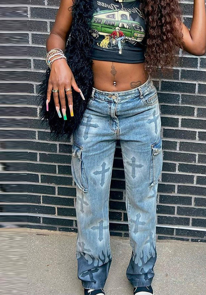 Women's Street Fashion Multi-Pocket Denim Pants