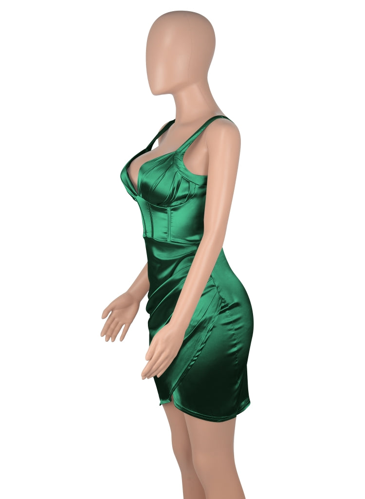 Women Summer Green Sexy V-neck Sleeveless Solid color Satin Mini Bodycon Dress 3