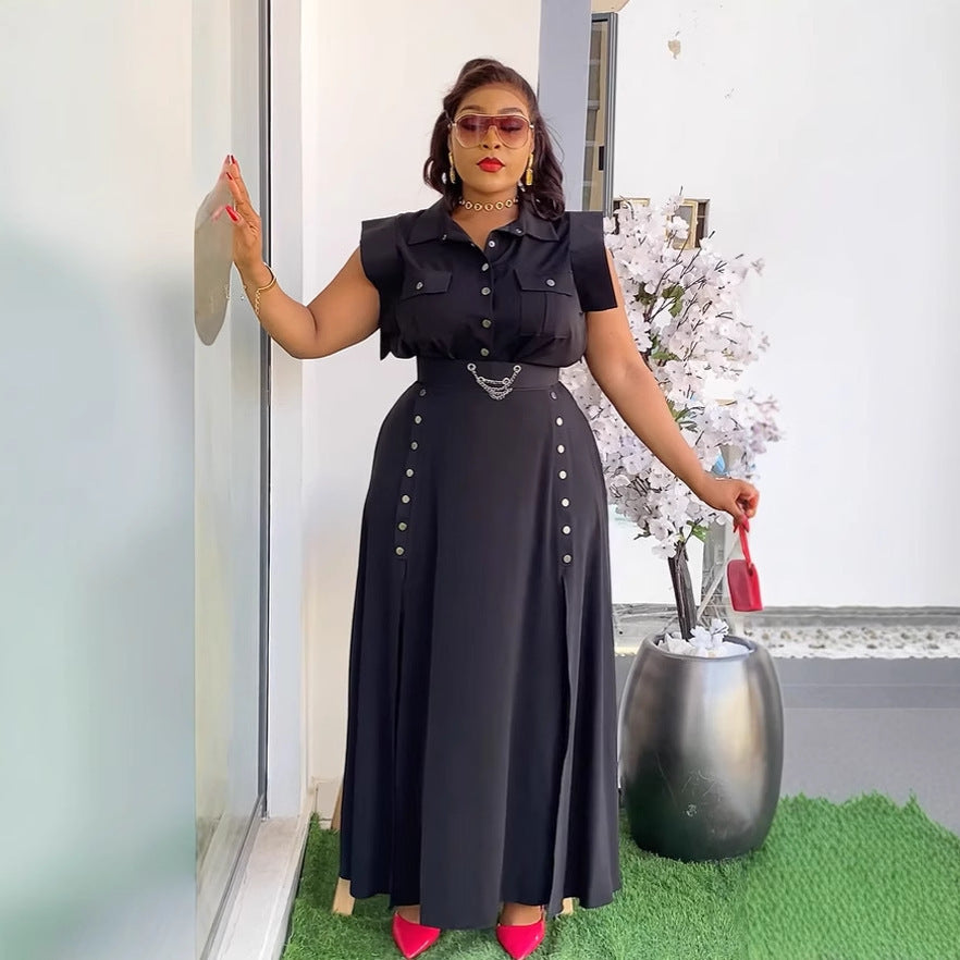 Elegant Career Solid Color Turndown Collar Sleeveless Shirt Slit Long Skirt Two-Piece Set 3