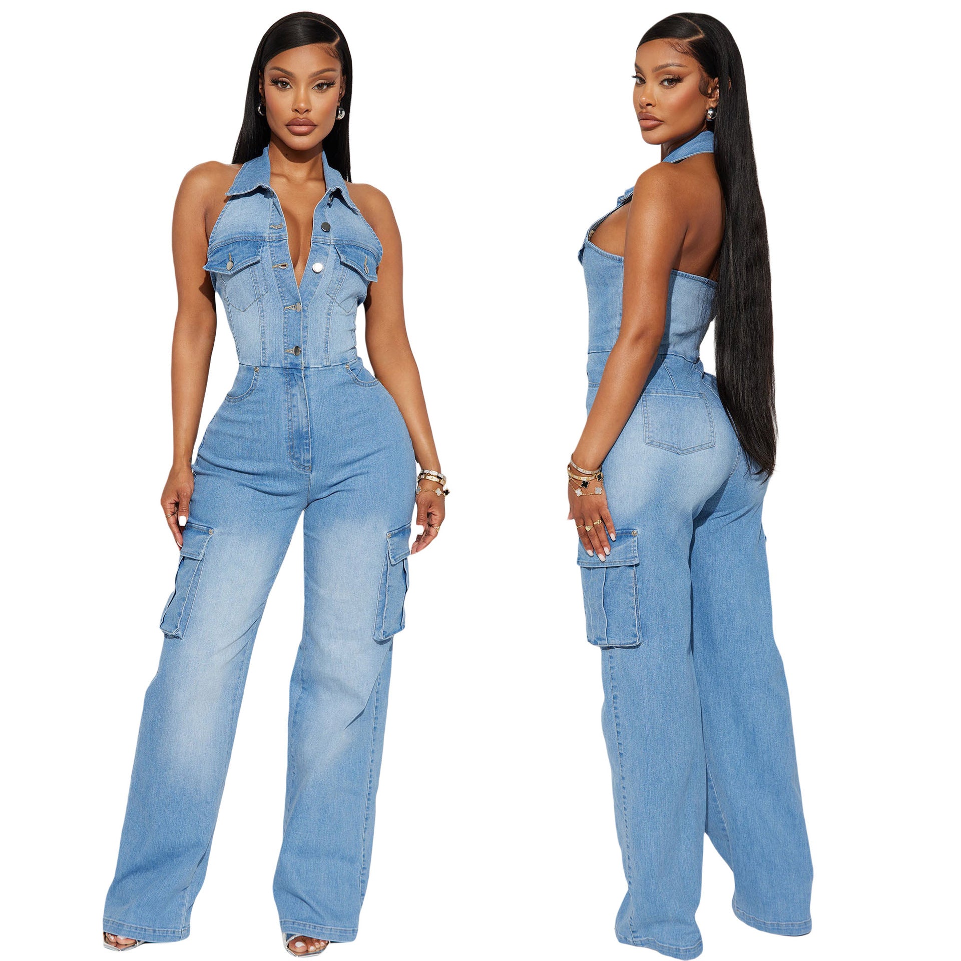 Halter Slim-Waisted Straight-Leg Loose Stretch-Denim Jumpsuit 3