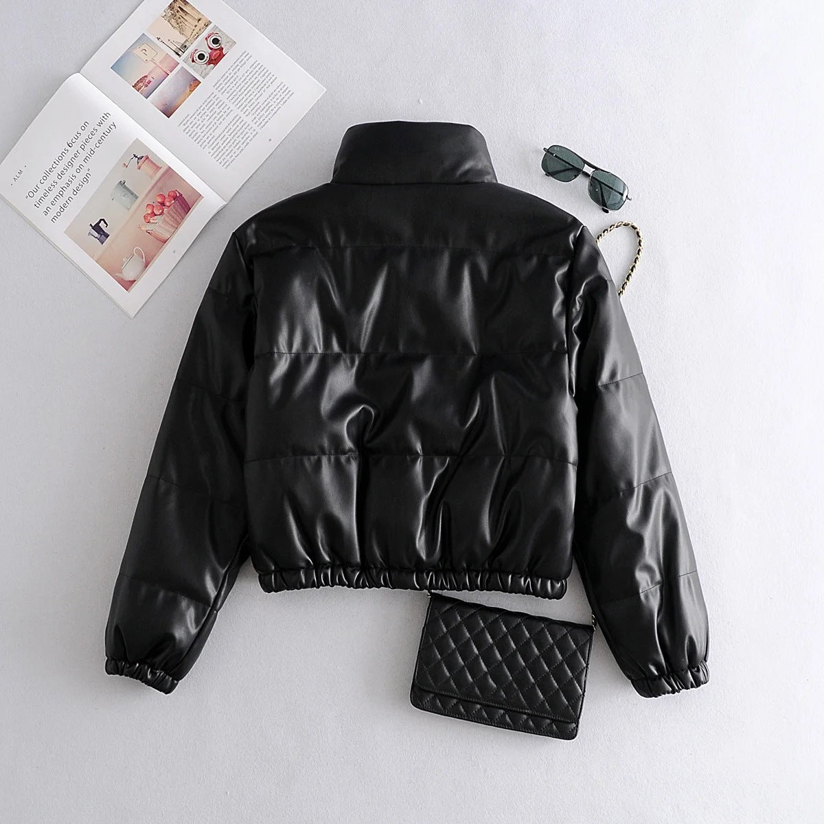 Leather Casual solid color leather cotton-padded Stand Collar jacket 74